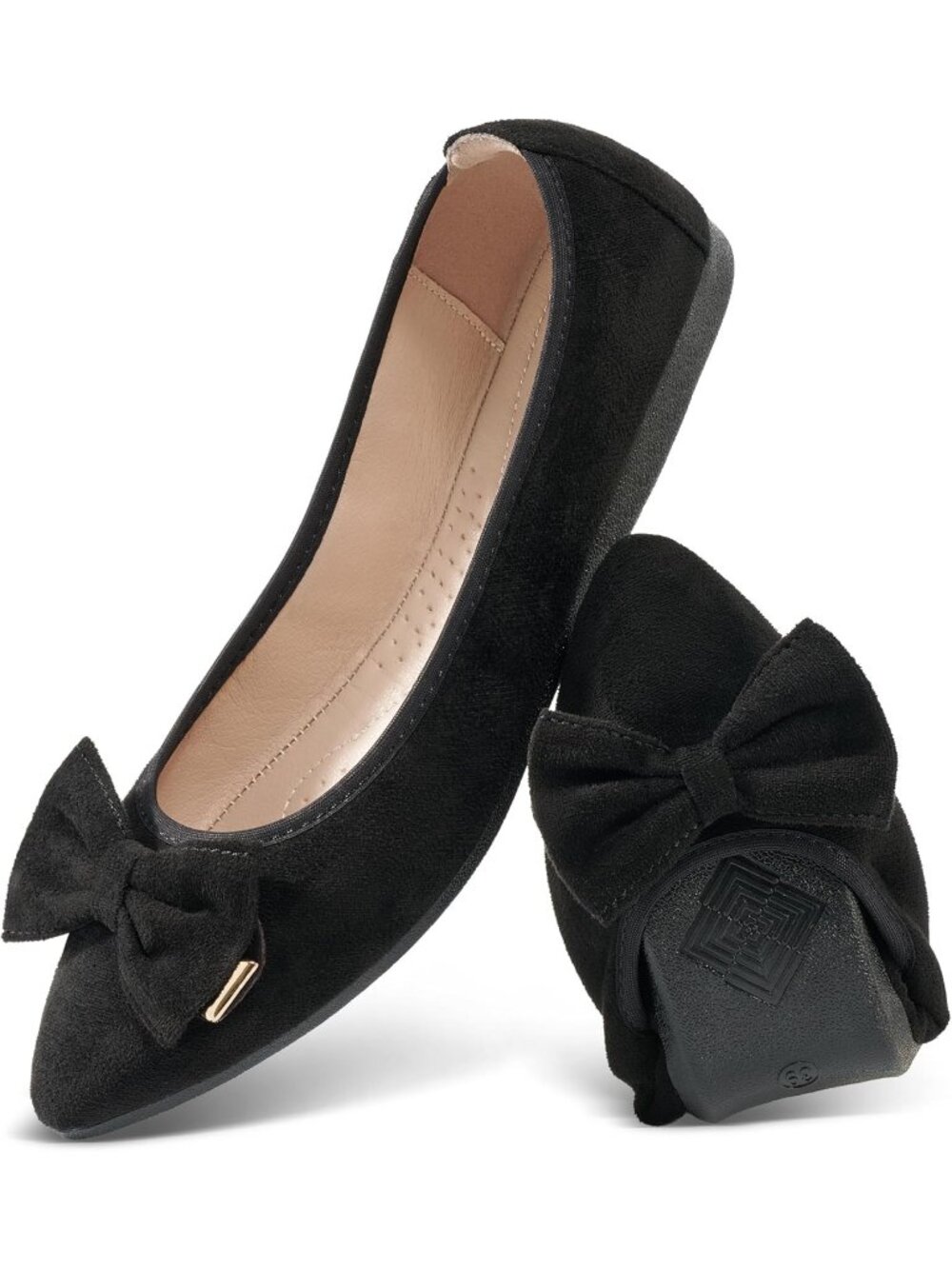 Women's Black Ballet Flat Fordable Slip On Shoes Bow Knot Pointed Toe Loafers